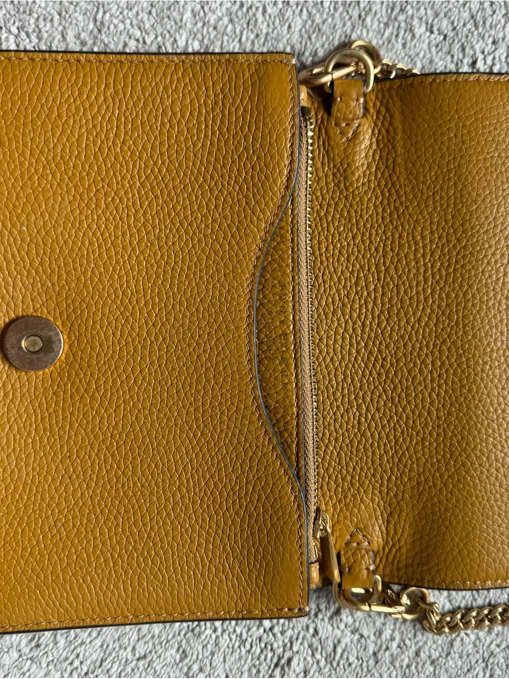 Tory Burch Pebbled Leather Crossbody Bag in Mustard Gold-Tone Logo